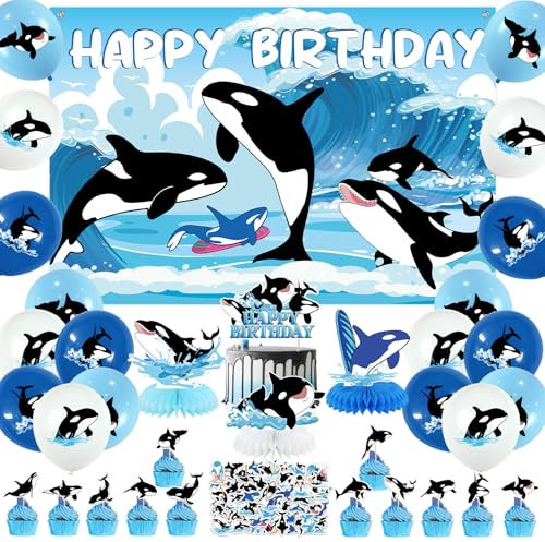 orca - Killerwale Partyzubehör enthält Happy Birthday Hintergrund, Kuchenaufsätze, Waben-Aufkleber und Luftballons