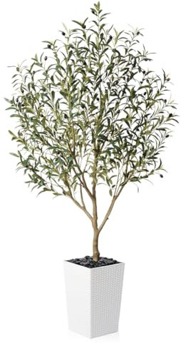 VeriNatural Olivier Artificiel 180cm-Grande Plante Artificielle Décorative avec Pot Blanc Tressé,Résistante UV, Galets Inclus-Fausse Plante pour Décoration Intérieur/Extérieur, Salon, Jardin,VN132