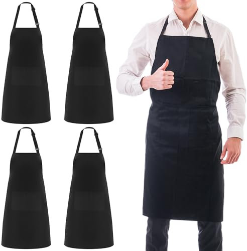 Zanfqvo Große Kochschürze Wasserdicht Schürze, 4 Stück Schwarze Schürze, Verstellbare Grillschürze mit 2 Taschen, Küchenschürze für für Köche BBQ Malerei Backen Kochen