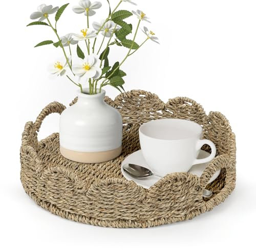 WEAVELYRICS Natural Seagrass Scalloped Tray, Woven Coffee Table Tray with Handles, Round Wicker Decorative Serving Scalloped Trays for Home Decor, Kitchen Counter, Farmhouse and Outdoor