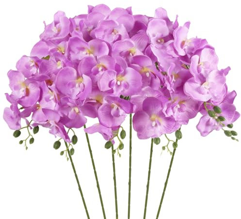 INSUNSIX Künstliche Orchideen, 6 Stück, Seidenorchideen, 88,9 cm, künstliche Orchideen, die echt aussehen, für Hochzeit, Zuhause, Tischdekoration, Violett