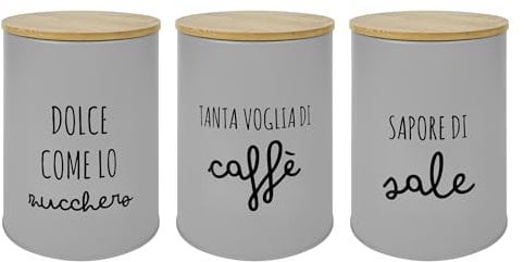 IlGruppone Set 3 Pezzi Barattoli Cucina Contenitori Certificati Contatto Alimentare Contenitore Sale Zucchero caffè Moderne Scritte Barattolo con Coperchio Ermetico Legno bambù - Grigio