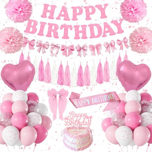 Decoration Anniversaire Fille Femme, Décorations Anniversaire de Fête Nœud Rose, Ballon Anniversaire Rose Blanc, Nœud Theme Bannière Joyeux Anniversaire, Pompons, Kit Party Deco pour Enfants Filles