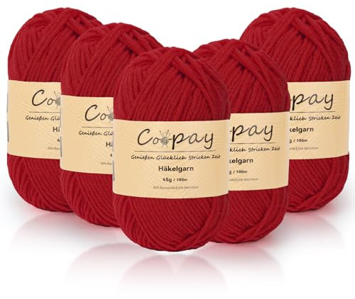 Coopay Lana per uncinetto, 225 g (5 x 45 g), morbido filato all'uncinetto, 5 lana per lavori a maglia, per bambini, per principianti, super morbido, per lavori a maglia e all'uncinetto, due rossi