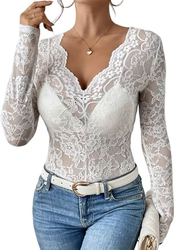 LEBOOBELL Blusas de Encaje para Mujer, Camisetas Y2K con Cuello en V Transparentes con Malla Floral y Manga Larga
