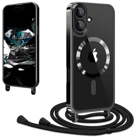 CaseLover Magnetische Handyband kompatibel mit iPhone 17 6.3 Hülle mit Band, Klare Silikon Necklace Handyhülle mit Kordel zum Umhängen Stossfest mit Kameraschutz Bumper Schutzhülle Case, Schwarz