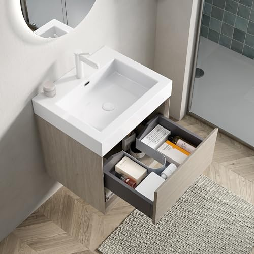 FAYICIC 55cm Wandmontie Badezimmer-Waschtisch mit weißem Rechteckigem Resin-Integralbecken, Sperrholz Schrank mit eine Schublade und EIN Offenes Regal,Eiche Hell Holzmaserung Farbe (55x46x60 cm)