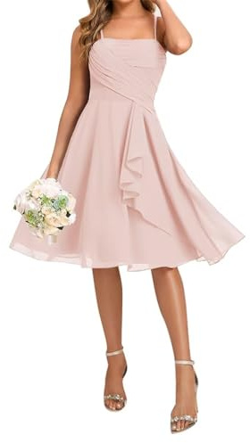HPPEE Robe de demoiselle d'honneur courte plissée à bretelles spaghetti pour femme, robe de cocktail, robe de soirée de mariage, rose, 46