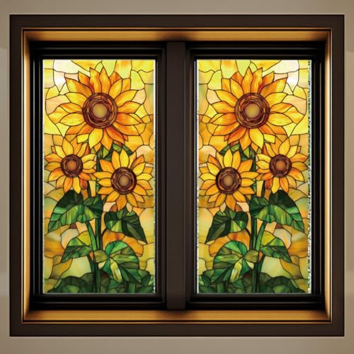 Peacoblue Fensteraufkleber 120x30cm,Glasmalerei Sonnenblume Fensterbilder | Doppelseitiger statischer Fenstersticker selbstklebend,Wasserfest und abnehmbar für Klassenzimmer,Glasfenster Dekoration