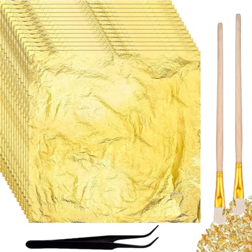 Artspherees 200 Blatt Blattgold Zum Basteln, Imitation Blattgold, Blattgold Acrylmalerei, Gold Folie Für Nägel, Holz, Möbel Dekoration, DIY Crafting(14 * 14CM)