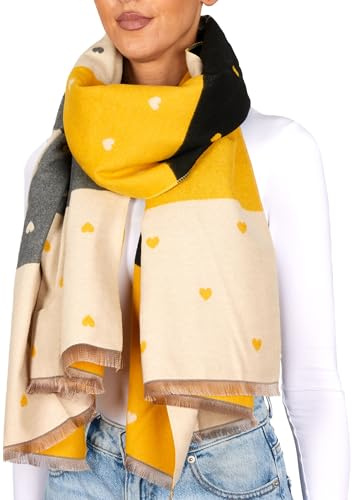 BRUBAKER Cashmirillo Damen Schal mit Herz Muster - 70 x 200 cm | Warm, Kuschelig und Oversized - Winterschal für Herbst und Winter - Herbstschal für Frauen - Weiches Kaschmir-Gefühl