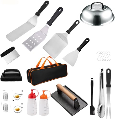 BBQ Grillbesteck Set, 23 Teiliges Grill Zubehör Set | Edelstahl Grillspatel Set mit Grillzubehör inklusive Pfannenwender und Fleischpresse für Teppanyaki im Freien