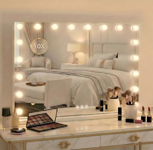 Puranex Hollywood Schminkspiegel mit Beleuchtung 80 x 60 cm, Kosmetikspiegel 18 LED für Make-up, Vanity Spiegel Mirror Touch Steuerung 3 Lichtfarben USB, inkl. 10-Fach Vergrößerungsspiegel für Frauen