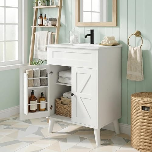 HOOBRO Farmhouse Bathroom Vanity with Sink, 61.4cm Freestanding Storage Cabinet with 2-Tier Shelves, White Small Space Bathroom Sink Unit with Waterproof MDF, White