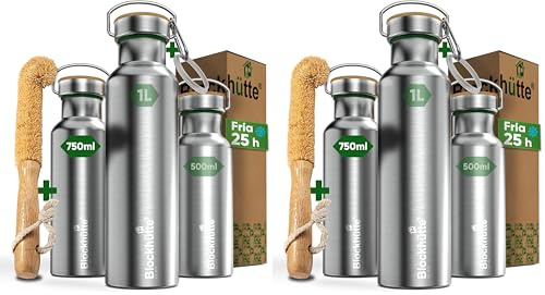 Blockhütte Stainless Steel Water Bottle I 750ml I Insulated Metal Flask, BPA Free, Leakproof, Dishwasher Safe, Ideal for Gym, Travel, Cold Drinks, Reusable, with Natural Cleaning Brush (Pack of 2)
