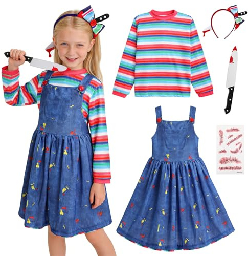 5PCS Creepy Doll Costume Girls Striped Top Dungaree Dress with Props