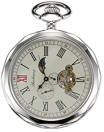 TREEWETO Taschenuhr mit Kette Herren Analog Handaufzug 24 Stunden Sonne Mond Anzeige Silber