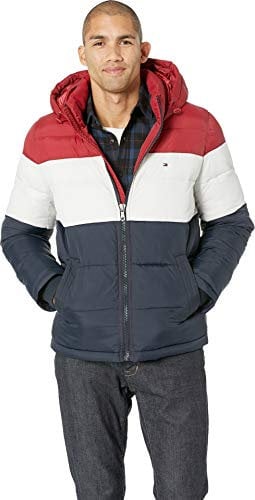 Tommy Hilfiger Men's Hooded Puffer Jacket, Red/White/Midnight, XXL
