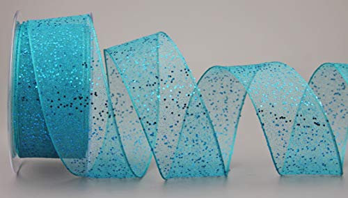 Dekoband GLITZER TÜRKIS 20 m x 40 mm (Rolle) Stoffband Transparent glänzend Organza mit Drahtkanten elegant Weihnachten Advent Geburtstag Premium glitter ribbon