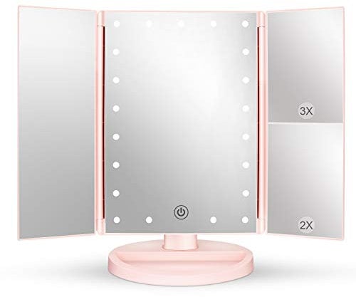 deweisn Tri-Fold Lighted Vanity Mirror with 21 LED Lights, Touch Screen and 3X/2X/1X Magnification Mirror, Cosmetic Mirror Two Power Supply Mode Tabletop Makeup Mirror for Travel(Pink)