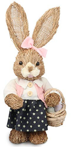 BSMEAN Easter Bunny Decoration, Cute Straw Rabbit Bunny Easter Decorations Home Holiday Rabbit Ornaments Handmade Standing Bunny Figure Easter Party Photography Props