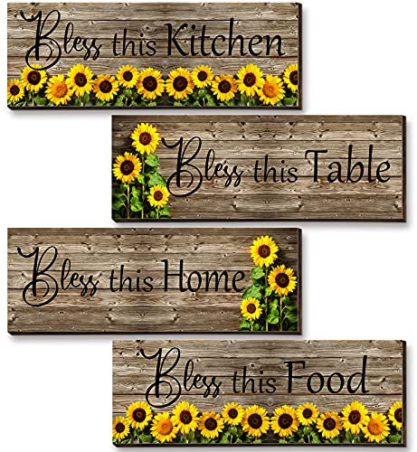 4 Stück Bless This Küchentisch Home Food Sonnenblumen Wanddekoration Holz Wandkunst Rustikales Holzschild Vintage Blumen Dekor für Schlafzimmer Wohnzimmer Küche Bar Ornamente