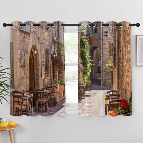DORCEV Vorhänge im italienischen Stil, Straßenlandschaft in der Provinzstadt der toskanischen Althof, Italien, Café, Stühle, Verdunkelungsvorhänge für Wohnzimmer, Schlafzimmer, 132x114 cm, 2 Vorhänge