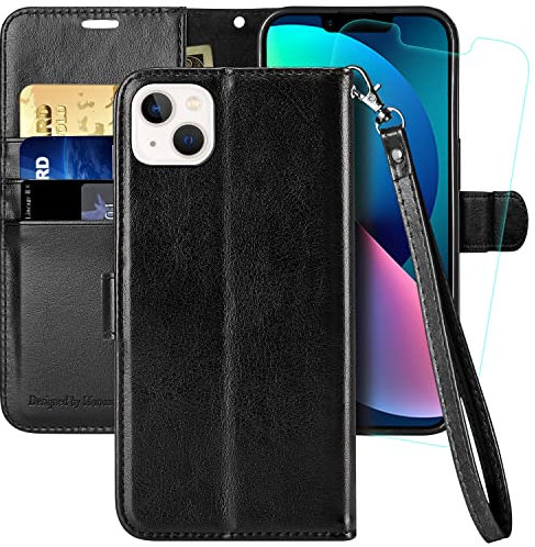 MONASAY Wallet Case for iPhone 13 Mini 5G,5.4-inch[Glass Screen Protector Included] [RFID Blocking] Flip Folio Leather Cell Phone Cover with Credit Card Holder,Dark Black