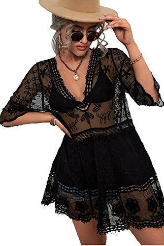 Womens Beach Dresses Crochet Lace Bikini Cover Up See Through Hollow Out Floral Beachwear 3/4 Sleeve Black