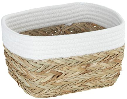 WENKO Aufbewahrungskorb Rika M, dekorativer Korb für kleine Accessoires aus naturnahem Borstengras abgesetzt mit Stoff aus Baumwolle, 80% Naturfaser und 20% Baumwolle, 18 x 25 x 15 cm, Braun/Weiß