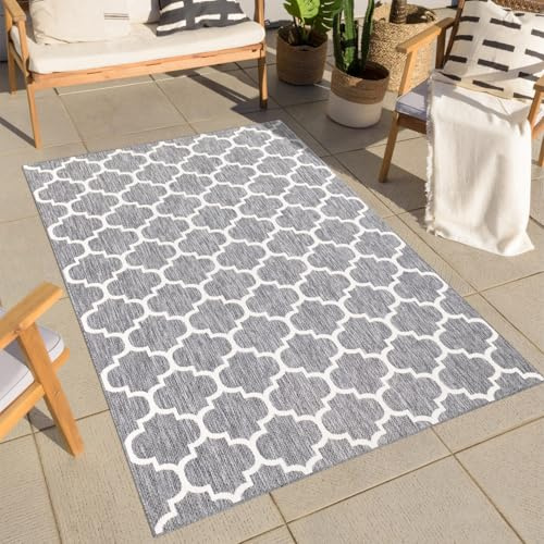carpet city Teppich Outdoor Wetterfest - Grau - 150x150 cm Quadratisch- Marokkanisch - Balkon Teppich Wasserabweisend - In-& Outdoor Teppiche für Terrasse, Garten, Küche, Bad oder Wohnzimmer