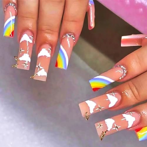Brishow Coffin False Nails Pride Rainbow Press on Nails Rings Long Fake Nails Ballerina Acrylic Stick on Nails 24pcs for Women and Girls