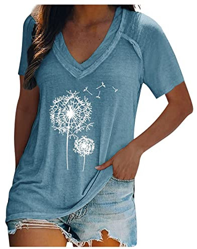 ärmellose Bluse t-Shirt Stehkragen Löwenzahn Bedrucktes Tiefer V-Ausschnitt Kurze Ärmel Oberteile T-Shirt Basic Baumwolle Tee Shirt Womens Tops (Blau, 5XL)