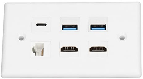 Annadue Placa de Pared HDMI USB3.0 CAT6 USB C, Placa de Pared de Salida de 6 Puertos, 2 X HDMI + 2X USB 3.0 +1 X Tipo C + 1 X Placa de Pared Ethernet CAT6 para TV Proyector Computadora