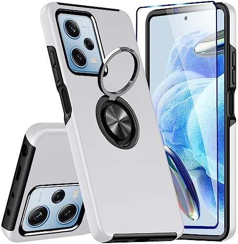 KRAFTCARE Hülle für Xiaomi Redmi Note 12 Pro 5G/Poco X5 Pro 5G mit 1 Pack Panzerglas Schutzfolie, Handyhülle mit Eingebetteter 360° Grad Ring, Magnetische Schutzhülle Stoßfest Case,Silber