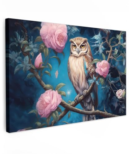 MuchoWow© Impression sur Toile Decoration Murale Peinture 120x80 cm Tableaux Decoratifs Muraux Déco Chambre Tableau Salon Hibou - Roses - Bleu - Fleurs