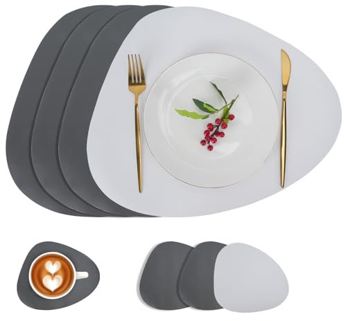 HASUDEI 4er Set Tischsets Abwaschbar Tischsets Platzsets Abwischbar Rund Tischset Leder Platzdeckchen mit Tischuntersetzer Hitzebeständig Doppelseitigen für Zuhause und Restaurant (Weiß und Grau)