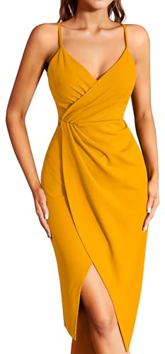 Missufe - Robe de cocktail pour femme - Robe d'été - Robe midi festive élégante - Moulante - Sans manches - Bretelles spaghetti - Jaune, XS