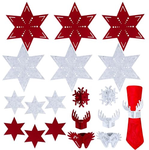 BETESSIN 18pcs Weihnachten Tischsets Filz Platzset Sternenform Gläser Untersetzer Becher Unterlage Serviettenhalter Weihnachtsdeko Tischdeko Tischuntersetzer Weihnachtstischsets Platzdeckchen