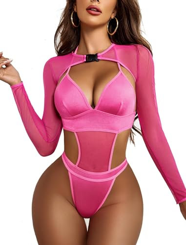 Avidlove Women Sexy Body Lingerie Set Deep V Neck Bodysuit Teddy Tulle Long Sleeve Chic Bustier Top Naughty Sleepwear Underwear Nightwear Rose Red L