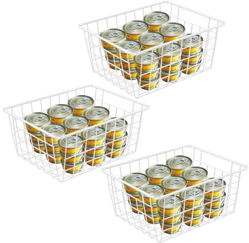 LOSYHU 3 Pack Wire Storage Baskets, 33x24x14 CM White Wire Basket with Handles, Metal Chest Freezer Storage Baskets Organizer for Pantry, Freezer, Cabinets, Shelves, Bathroom
