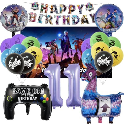 Oirigaga Videospiel Geburtstagsdeko Set, Fort-Spiel Gamer Party Deko Luftballons für 11 Jahre Jungen Mädchen, Kindergeburtstag Helium Ballons Folienballons mit Happy Birthday Banner und Hintergrund