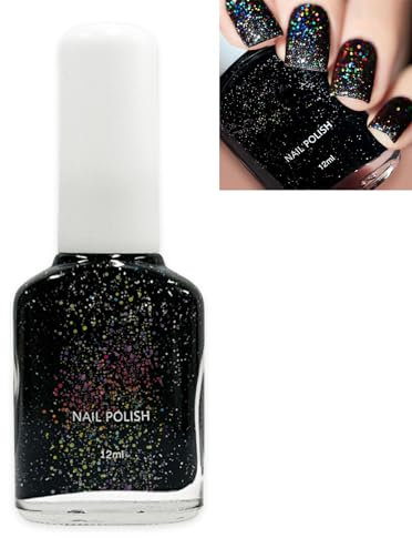Black Glitter Nail Polish Shimmering Varnish, Laser Rainbow Star Planet Sparkly Spiral Silver Shimmer Quick Dry Nail Varnishes, Shining Sparkling Long Lasting No Need Cure, DIY Nail Art Manicure