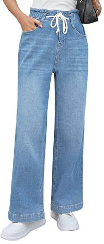 Roskiky Y2k Jean pour femme - Coupe large - Taille élastique - Coupe large - Taille élastique, Ambiance bleu azur, XXL