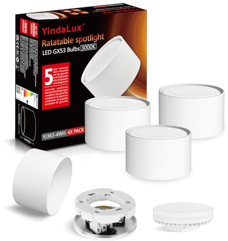 YindaLux 4x LED Aufbauspot Weiß Matt Ø84x50mm Aufbaustrahler 6W 680LM GX53 LED Warmweiß Aufputz 230V 180° Abstrahlwinkel Deckenspots aufbauleuchte aus Aluminium Spots Deckenleuchte Rund