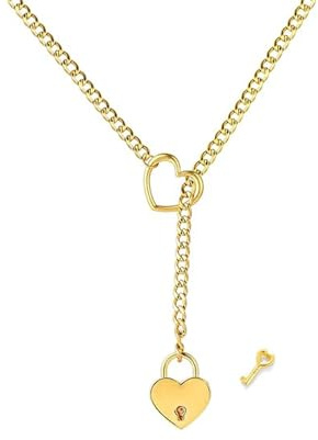 Collana a catena antiscivolo per le donne con cuore O-Ring Collana lunga a catena cubana regolabile Lariat Y-Collana con cuore Locker con chiave, Acciaio inossidabile, Nessuna pietra preziosa
