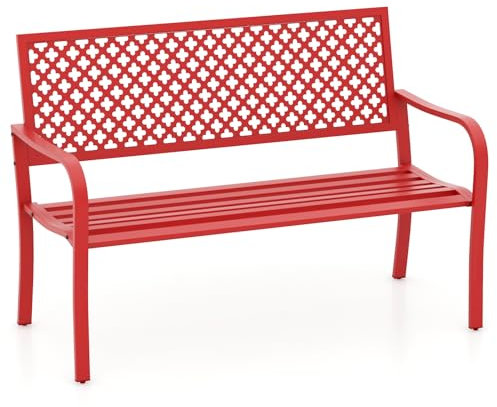 GOPLUS Gartenbank Metall, 127cm Sitzbank Outdoor 2 Sitzer bis 300kg belastbar, Metallbank Balkonbank mit Rücklehne & Armlehne, Parkbank Terrassenbank für Garten Hof Veranda (Rot)