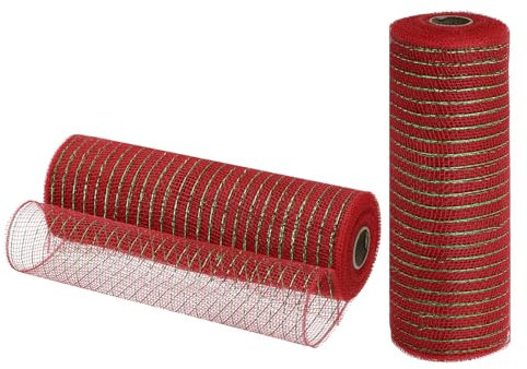 QUARKZMAN Jute Netz, 2 Stück 10 Zoll x 30 Fuß PP Dekoratives Netzband Netzband zum Verpacken von Weihnachtskranz-Partydekorationen DIY-Handwerk, Grün mit rotem Folien