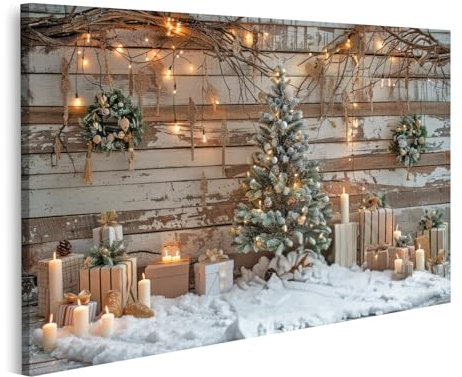 islandburner Quadro su tela scena natale innevata albero decorato candele piccolo albero di Natale davanti alla parete di legno immagini poster