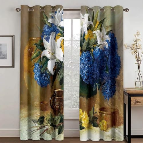 MLUNKQAIL Lily Blackout Curtains Hydrangea Window Treatments, Eyelet Curtains, Thermal Insulated Super Soft Microfiber Curtains & Drapes 66x54 Inch 2 Panels